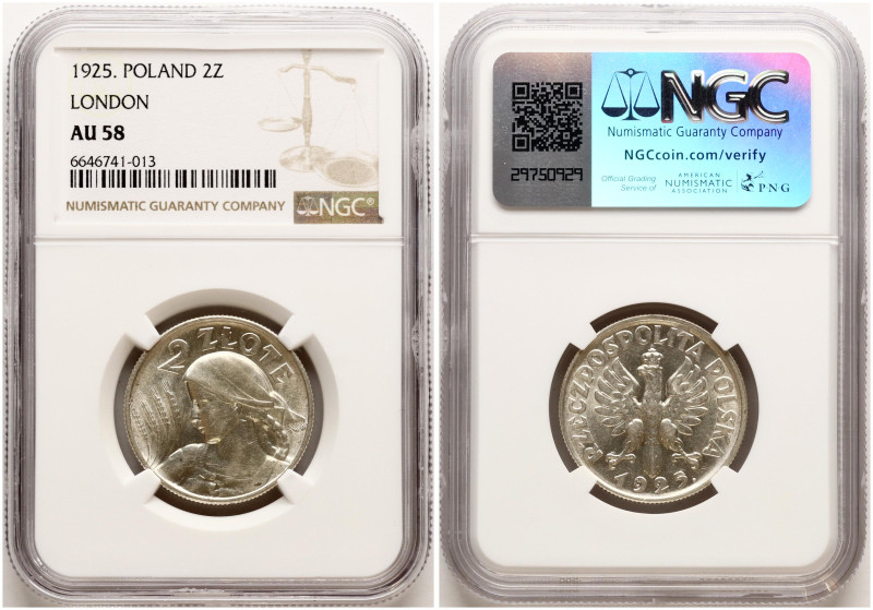 Poland. 2 Zlote 1925, London. Silver. Y 16. NGC AU 58.