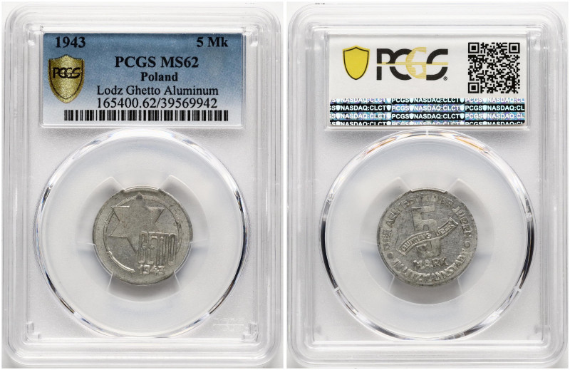 Poland. 5 Mark 1943, Jewish Ghetto Coinage Al. Aluminium. KM Tn2. PCGS MS 62.