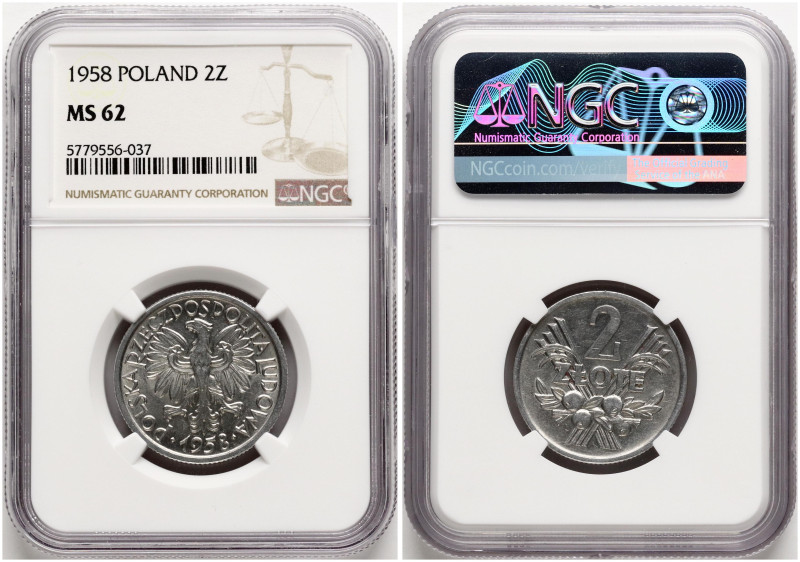 Poland. 2 Zlote 1958. Aluminium. Y 46, ParM 216. NGC MS 62.