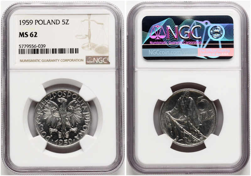 Poland. 5 Zlotych 1959. Aluminium. Y 47, ParM 220. NGC MS 62.