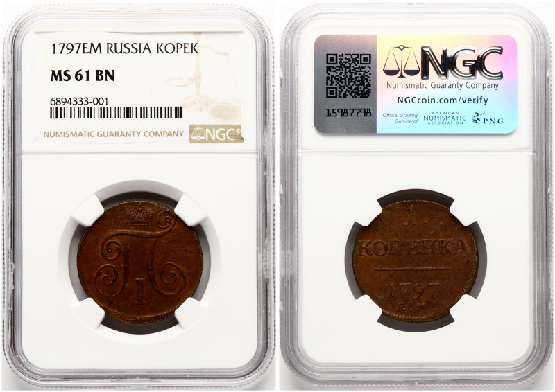 Russia. Paul I (1796-1801). 1 Kopeck 1797 ЕМ. Copper. Bitkin 119 (R). NGC MS 61 ...