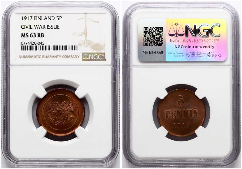 Russia For Finland. 5 Pennia 1917. With heraldic eagle. Copper. Bitkin GSF4. NGC...