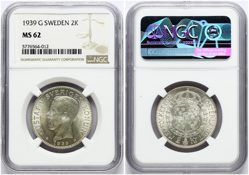 Sweden. Gustaf V(1907-1950). 2 Kronor 1939 G. Silver. KM 787. NGC MS 62