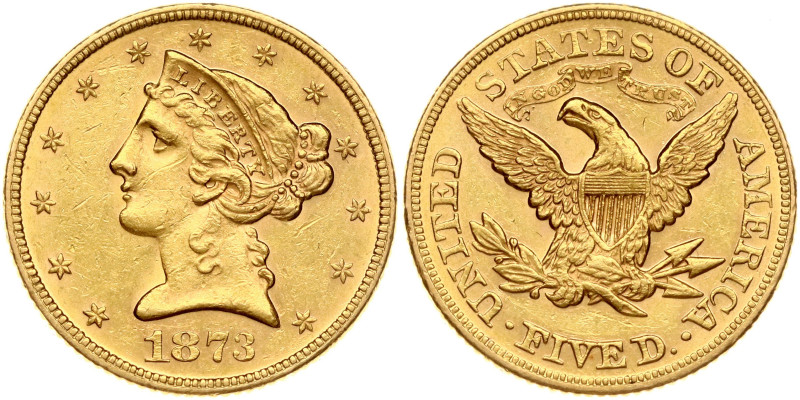 USA. 5 Dollars 1873, Philadelphia. Coronet Head - With motto. Gold 8.35 g. KM 10...