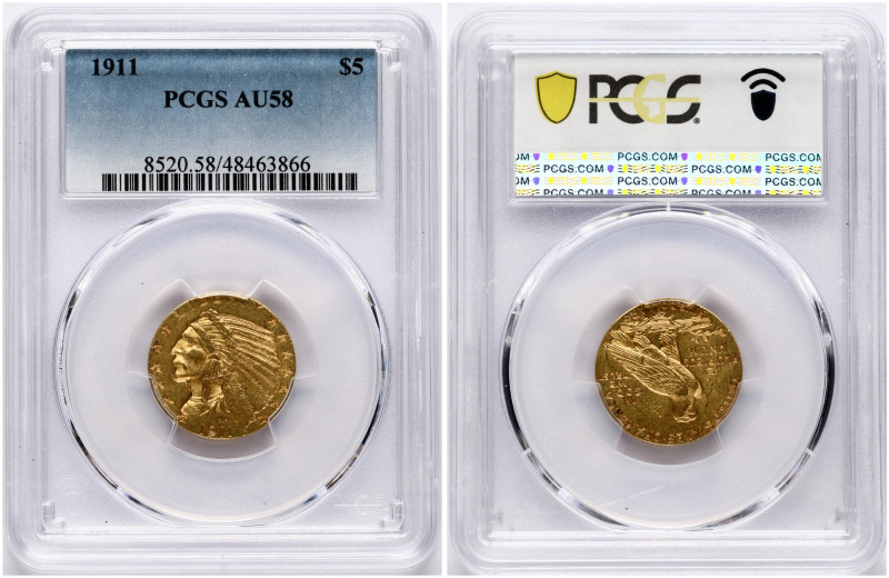 USA. 5 Dollars 1911, Philadelphia. Indian Head. Gold. KM 129. PCGS AU 58.