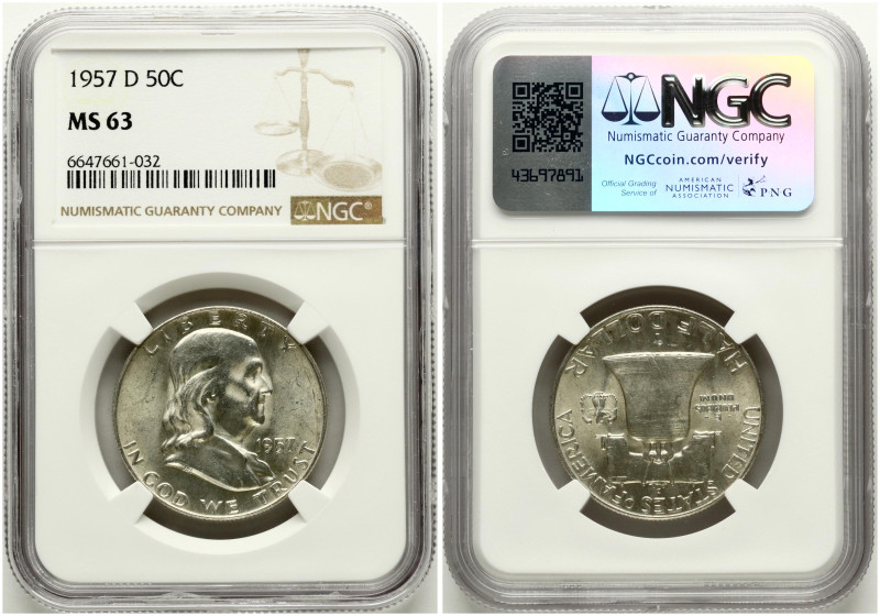 USA. 1/2 Dollar 1957 D, 'Franklin Half Dollar'. Denver. Silver. KM 199. NGC MS 6...