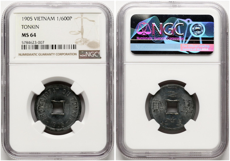 Vietnam, Tonkin. 1⁄600 Piastre 1905. Zinc. KM 1. NGC MS 64.