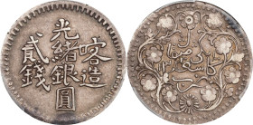 (t) CHINA. Sinkiang. 2 Mace (Miscals), AH 1321 (1903/4). Kashgar (Shufu) Mint. Kuang-hsu (Guangxu). PCGS EF-40.
L&M-723 (this coin illustrated [6th/7...