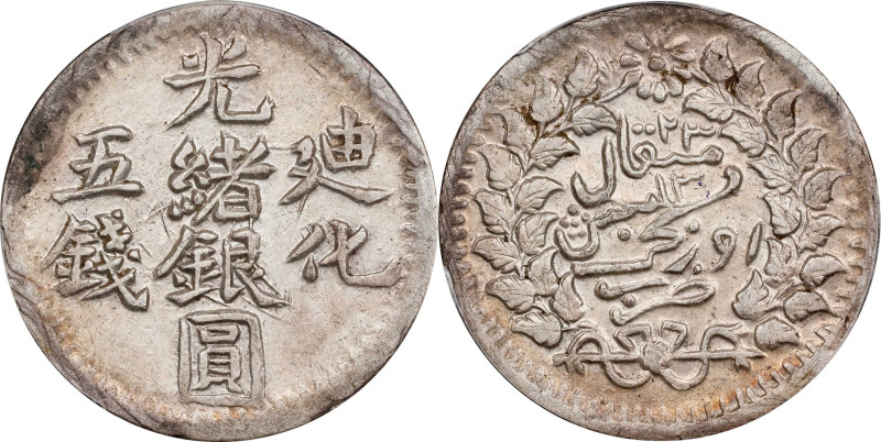 (t) CHINA. Sinkiang. 5 Mace (Miscals), AH 1323 (1905/6). Urumchi (Tihwa) Mint. K...