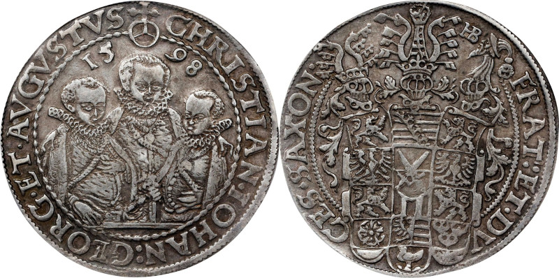 GERMANY. Taler, 1598-HB. Dresden Mint. Christian II, with Johann Georg I & Augus...