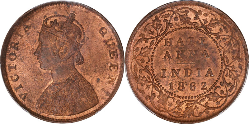 INDIA. 1/2 Anna, 1862-(M). Madras Mint. Victoria. PCGS MS-63 Red Brown.
KM-468;...