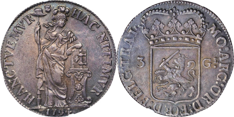 NETHERLANDS. Utrecht. 3 Gulden, 1794. NGC MS-63.
Dav-1852; KM-117. A pleasing a...