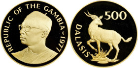 GAMBIA. 500 Dalasis, 1977. Llantrisant Mint. PCGS PROOF-69 Deep Cameo.
Fr-1; KM-19. Wildlife Conservation series: Sitatunga. AGW: 0.9675 oz. Mintage:...