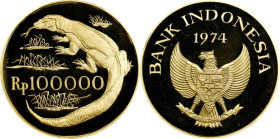 INDONESIA. 100000 Rupiah, 1974. London or Llantrisant Mint. PCGS PROOF-65 Deep Cameo.
Fr-6; KM-41. Wildlife Conservation series: Komodo dragon. AGW: ...