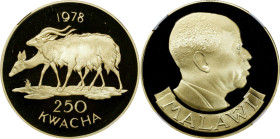 MALAWI. 250 Kwacha, 1978. Llantrisant Mint. NGC PROOF-69 Ultra Cameo.
Fr-2; KM-17. Wildlife Conservation series: Nyala deer. AGW: 0.9675 oz. Mintage:...