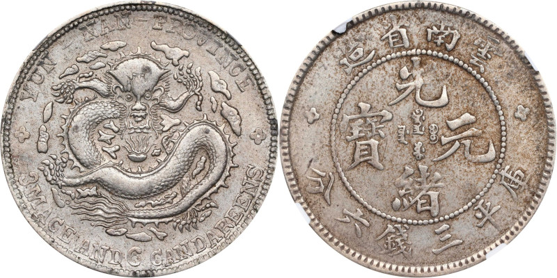 (t) CHINA. Yunnan. 3 Mace 6 Candareens (50 Cents), ND (1908). Kunming Mint. Kuan...