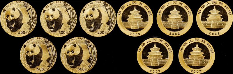 CHINA. Quintet of Gold 500 Yuan (5 Pieces), 2002. Panda Series. Average Grade: P...