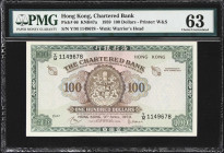 (t) HONG KONG (SAR). Chartered Bank. 100 Dollars, 9.4.1959. P-66. KNB47a. PMG Choice Uncirculated 63.
Serial number Y/M 1149678. Green and pink on mu...
