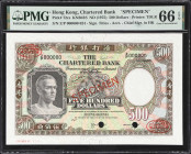(t) HONG KONG (SAR). Chartered Bank. 500 Dollars, ND (1975). P-72cs. KNB43S. Specimen. PMG Gem Uncirculated 66 EPQ.
Serial number Z/P000000, specimen...