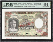 (t) HONG KONG (SAR). Chartered Bank. 500 Dollars, 1.1.1977. P-72ds. KNB43S. Specimen. PMG Choice Uncirculated 64.
Serial number Z/P 000000, specimen ...