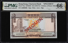 (t) HONG KONG (SAR). The Chartered Bank. 5 Dollars, ND (1970-75). P-73as. KNB48S. Specimen. PMG Gem Uncirculated 66 EPQ.
Serial number A0000000. Brow...
