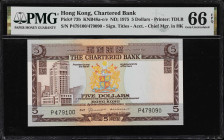 (t) HONG KONG (SAR). The Chartered Bank. 5 Dollars, ND (1975). P-73b. KNB48c. Error Note. PMG Gem Uncirculated 66 EPQ.
Mismatched serial number P4791...