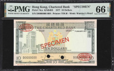 (t) HONG KONG (SAR). Chartered Bank. 10 Dollars, 1.1.1977. P-74cs. KNB49S. Specimen. PMG Gem Uncirculated 66 EPQ.
Serial number D0000000, specimen nu...