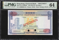 (t) HONG KONG (SAR). Chartered Bank. 50 Dollars, ND (1970-75). P-75s. KNB50S. Specimen. PMG Choice Uncirculated 64.
Serial number A0000000. Blue and ...