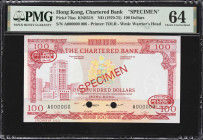 (t) HONG KONG (SAR). Chartered Bank. 100 Dollars, ND (1970-75). P-76as. KNB51S. Specimen. PMG Choice Uncirculated 64.
Serial number A000000, specimen...