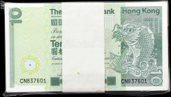 (t) HONG KONG (SAR). Pack of (100). Chartered Bank. 10 Dollars, 1.1.1981. P-77b. KNB52f. Uncirculated.
Serial number CN837601-700. A fresh pack of th...