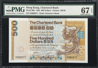(t) HONG KONG (SAR). Chartered Bank. 500 Dollars, 1.1.1982. P-80b. KNB55d. PMG Superb Gem Uncirculated 67 EPQ.
Serial number D082077. An excellent ex...