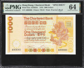 (t) HONG KONG (SAR). Chartered Bank. 1000 Dollars, 1.1.1979. P-81as. KNB56S. Specimen. PMG Choice Uncirculated 64.
Serial number A000000. Orange and ...