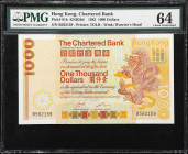 (t) HONG KONG (SAR). Chartered Bank. 1000 Dollars, 1.1.1982. P-81b. KNB56d. PMG Choice Uncirculated 64.
Serial number B562159. A superb uncirculated ...