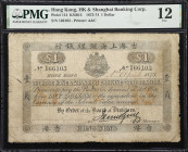 (t) HONG KONG (SAR). Hong Kong & Shanghai Banking Corporation. 1 Dollar, 1.4.1873. P-112. KNB13. PMG Fine 12.
Serial number 166103. A respectable exa...