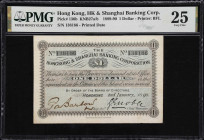 (t) HONG KONG (SAR). The HongKong & Shanghai Banking Corporation. 1 Dollar, 2.1.1890. P-136b. KNB27b. PMG Very Fine 25.
Serial number 138186. Black o...