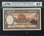 HONG KONG (SAR). Hong Kong & Shanghai Banking Corporation. 5 Dollars, 1.4.1941. P-173d. KNB61c. PMG Superb Gem Uncirculated 67 EPQ.
Tied for finest i...