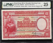 (t) HONG KONG (SAR). Hong Kong & Shanghai Banking Corporation. 100 Dollars, 2.1.1934. P-176b. KNB65d. PMG Very Fine 25.
Serial number B451108. A brig...