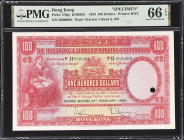 (t) HONG KONG (SAR). Hong Kong & Shanghai Banking Corporation. 100 Dollars, 4.2.1959. P-176gs. KNB66S. Specimen. PMG Gem Uncirculated 66 EPQ.
KNB66s....