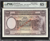 Magnificent Specimen 
(t) HONG KONG (SAR). Hongkong & Shanghai Banking Corporation. 500 Dollars, 1.7.1930. P-177bs. KNB67S. Specimen. PMG Gem Uncircu...
