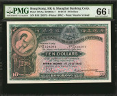 (t) HONG KONG (SAR). Hong Kong & Shanghai Banking Corporation. 10 Dollars, 1.7.1949. P-179Aa. KNB63e. PMG Gem Uncirculated 66 EPQ.
Serial number R/H ...
