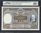 (t) HONG KONG (SAR). Hong Kong & Shanghai Banking Corporation. 500 Dollars, 11.2.1968. P-179e. PMG Gem Uncirculated 66 EPQ.
Serial number K597707. An...