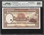 (t) HONG KONG (SAR). Hong Kong & Shanghai Banking Corporation. 5 Dollars, 20.2.1956. P-180as. KNB61S. Specimen. PMG Gem Uncirculated 66 EPQ.
Serial n...