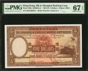 (t) HONG KONG (SAR). Hong Kong & Shanghai Banking Corporation. 5 Dollars, 7.8.1958. P-180a. KNB61h. PMG Superb Gem Uncirculated 67 EPQ.
Serial number...