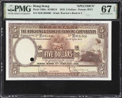 (t) HONG KONG (SAR). Hong Kong & Shanghai Banking Corporation. 5 Dollars, 4.2.1959. P-180bs. KNB61S. Specimen. PMG Superb Gem Uncirculated 67 EPQ.
Se...