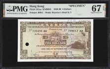 (t) HONG KONG (SAR). Hong Kong & Shanghai Banking Corporation. 5 Dollars, 24.9.1959. P-181as. KNB68S. Specimen. PMG Superb Gem Uncirculated 67 EPQ.
S...