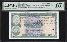 (t) HONG KONG (SAR). Hong Kong & Shanghai Banking Corporation. 10 Dollars, 27.3.1969. P-182fs. KNB69S. Specimen. PMG Superb Gem Uncirculated 67 EPQ.
...