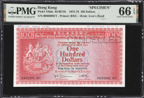 (t) HONG KONG (SAR). Hong Kong & Shanghai Banking Corporation. 100 Dollars, 31.3.1976. P-185ds. KNB73S. Specimen. PMG Gem Uncirculated 66 EPQ.
Serial...