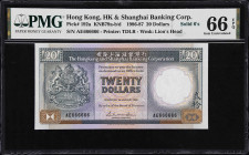 (t) HONG KONG (SAR). The HongKong & Shanghai Banking Corporation. 20 Dollars, 1.1.1986. P-192a. KNB79b. Solid #6's. PMG Gem Uncirculated 66 EPQ.
Soli...