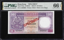 (t) HONG KONG (SAR). The HongKong & Shanghai Banking Corporation. 50 Dollars, 1.1.1985. P-193as. KNB81S. Specimen. PMG Gem Uncirculated 66 EPQ.
Seria...