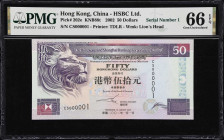 (t) HONG KONG (SAR). The HongKong & Shanghai Banking Corporation. 50 Dollars, 1.1.2002. P-202e. KNB88t. Serial Number 1. PMG Gem Uncirculated 66 EPQ....